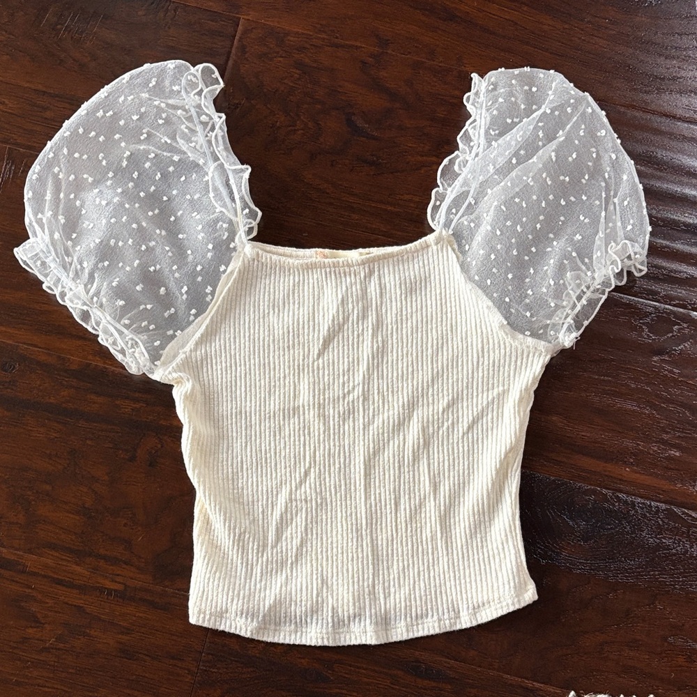 Altar'd State Cream Crop Top with Sheer Sleeves